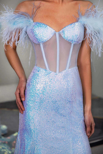 Light Blue Sequin Corset Prom Dress Formal Gown with Feathers