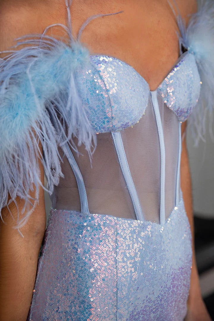 Light Blue Sequin Corset Prom Dress Formal Gown with Feathers