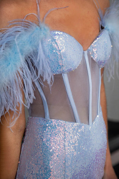 Light Blue Sequin Corset Prom Dress Formal Gown with Feathers