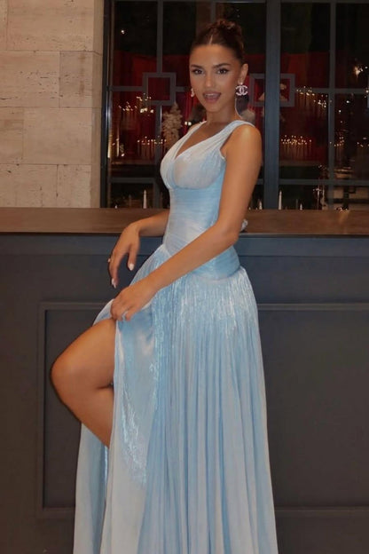 Charming A Line Light Blue Shimmer A-Line Evening Gown with Plunge Neck and Slit
