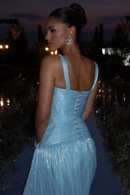 Charming A Line Light Blue Shimmer A-Line Evening Gown with Plunge Neck and Slit