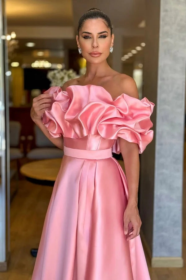 Satin Off-The-Shoulder Strapless High-Waisted Long A-Line Prom Dress With Ruffles