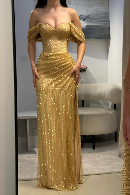 Luxury Gold Glitter Off-Shoulder Beaded Mermaid Prom Gown with Slit