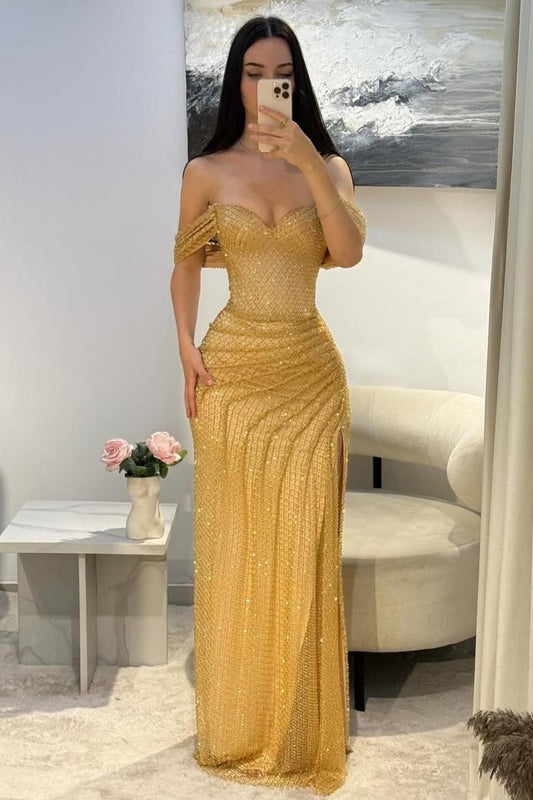 Luxury Gold Glitter Off-Shoulder Beaded Mermaid Prom Gown with Slit