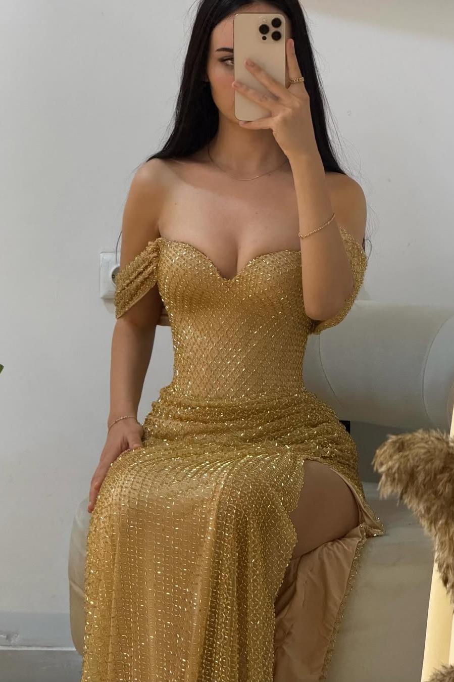 Luxury Gold Glitter Off-Shoulder Beaded Mermaid Prom Gown with Slit