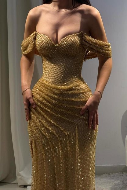Luxury Gold Glitter Off-Shoulder Beaded Mermaid Prom Gown with Slit