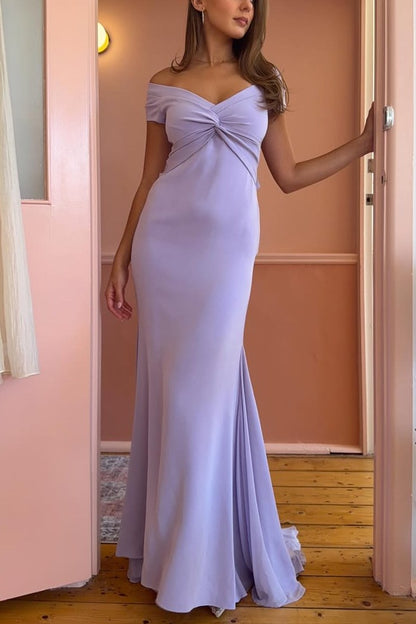 Lilac Off-Shoulder V-Neck Twist Satin Sheath Long Prom Dress