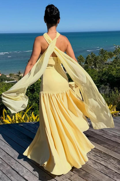 Yellow A-Line Empire-Waist Strapless Pleated Satin Long Formal Prom Dress