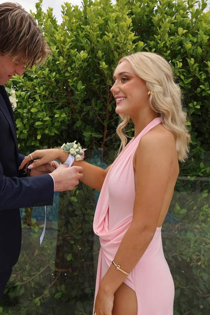 Halter V-Neck Pleats Sleeveless Pink Long Prom Dress with High Slit