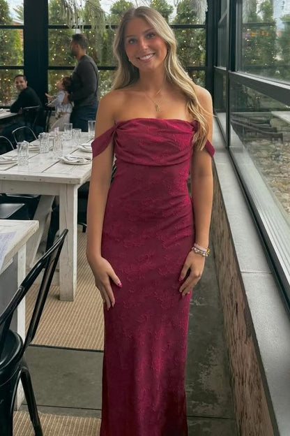 Burgundy Off-Shoulder Jacquard Pleats Sheath Long Prom Dress