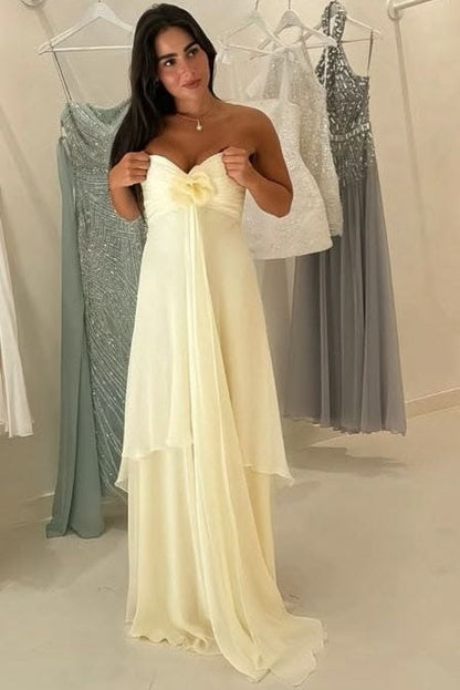 Classy A-Line Strapless Sweetheart Chiffon Ruffles Prom Dress with Flower