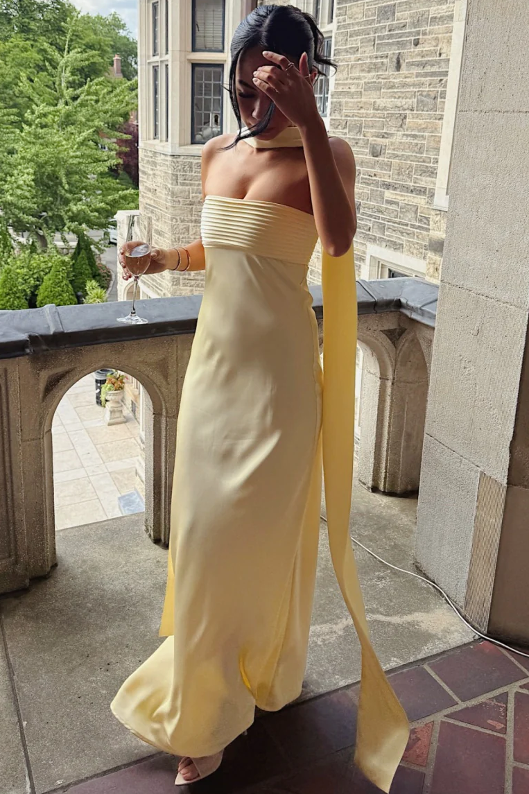 Simple Strapless Satin Sleeveless Fitted Long Formal Prom Dress