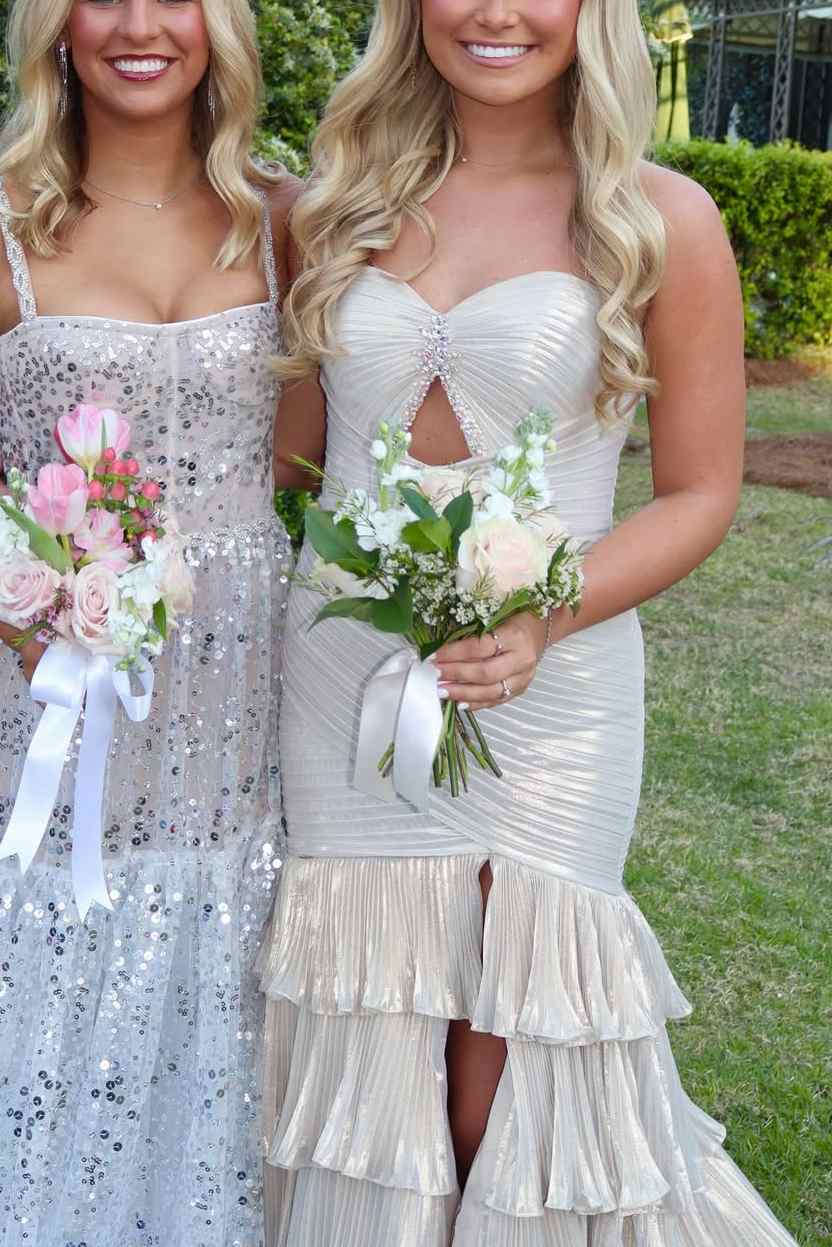 Strapless Sweetheart Metallic Mermaid Ruffles Prom Dress with Slit