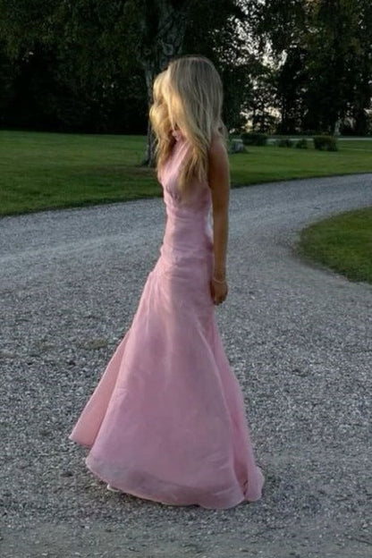 Pink High Neck 3D Flower Sleeveless Evening Prom Dress with Slit
