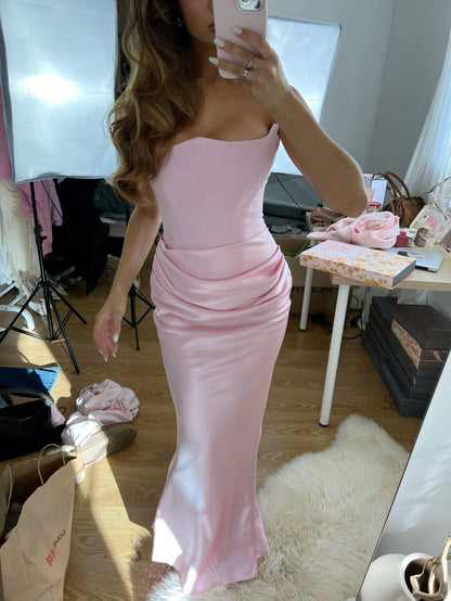 Simple Strapless Pleats Sleeveless Satin Long Formal Prom Dress