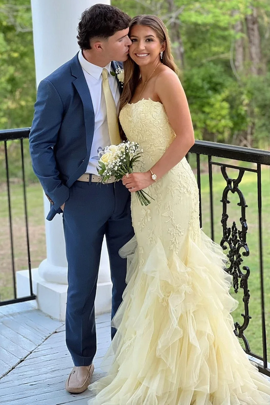 Yellow Strapless Sleeveless Ruffles Tulle Long Prom Dress with Appliques
