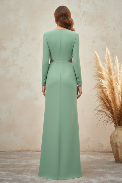 V-Neck Long Sleeve Button Mermaid Applique Side Mother of the Bride Dress