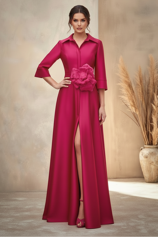 Flowers V-Neck 3/4 Sleeve A-Line Slit Floor-Length Mother of the Bride Dress