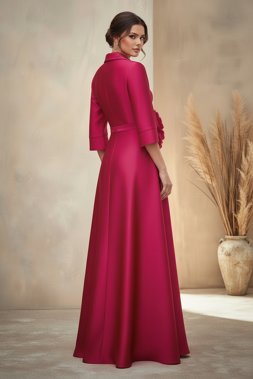 Flowers V-Neck 3/4 Sleeve A-Line Slit Floor-Length Mother of the Bride Dress