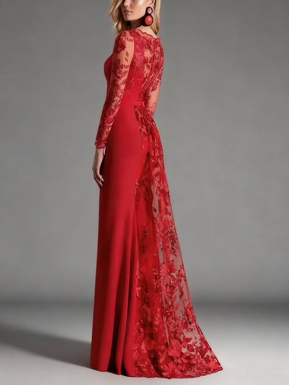 Square Collar Mother of the Bride Dresses Stretch Satin Floor-Length Lace Long Sleeves
