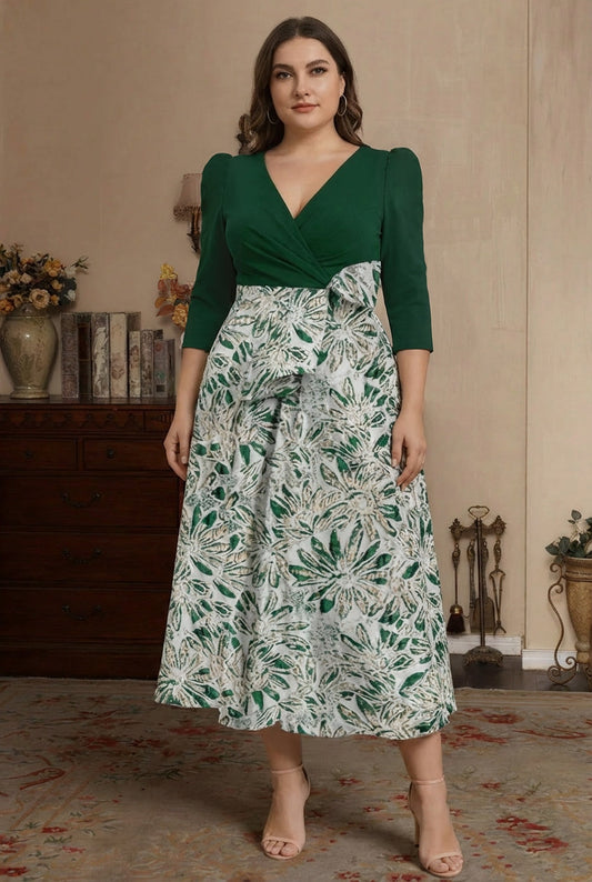 V-Neck Satin Plus Size Mother of the Bride Dresses 3/4 Sleeves Tea-Length Floral with Bow Pleats