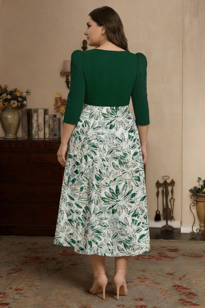 V-Neck Satin Plus Size Mother of the Bride Dresses 3/4 Sleeves Tea-Length Floral with Bow Pleats