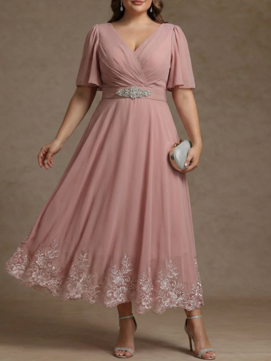 V Neck Plus Size Mother of the Bride Dresses Short Sleeves Chiffon Lace Tea Length with Sash