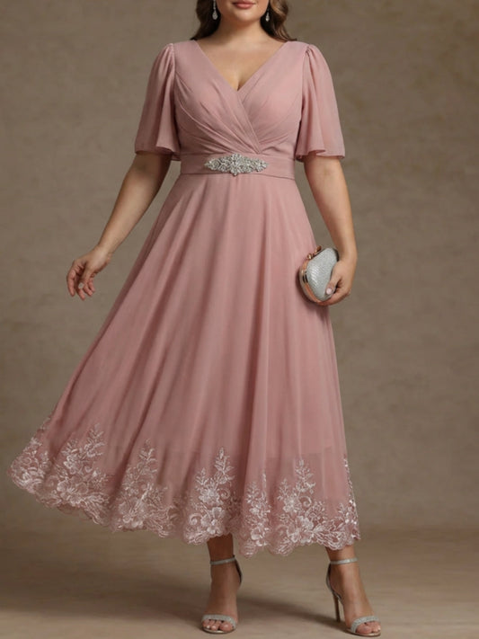 V Neck Plus Size Mother of the Bride Dresses Short Sleeves Chiffon Lace Tea Length with Sash
