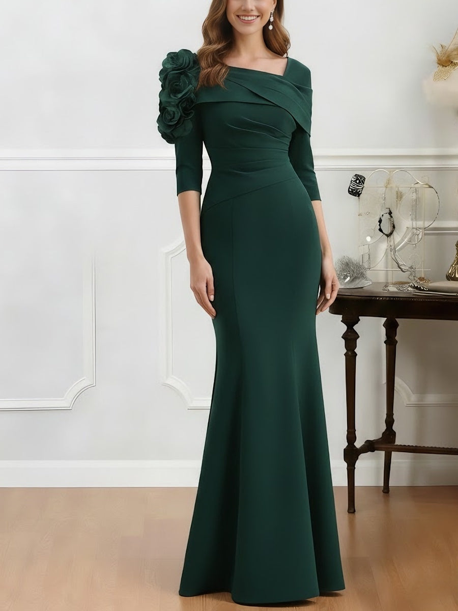 Asymmetrical Neck Stretch Satin Mother of the Bride Dresses Floor-Length Half Sleeves 3D Flower