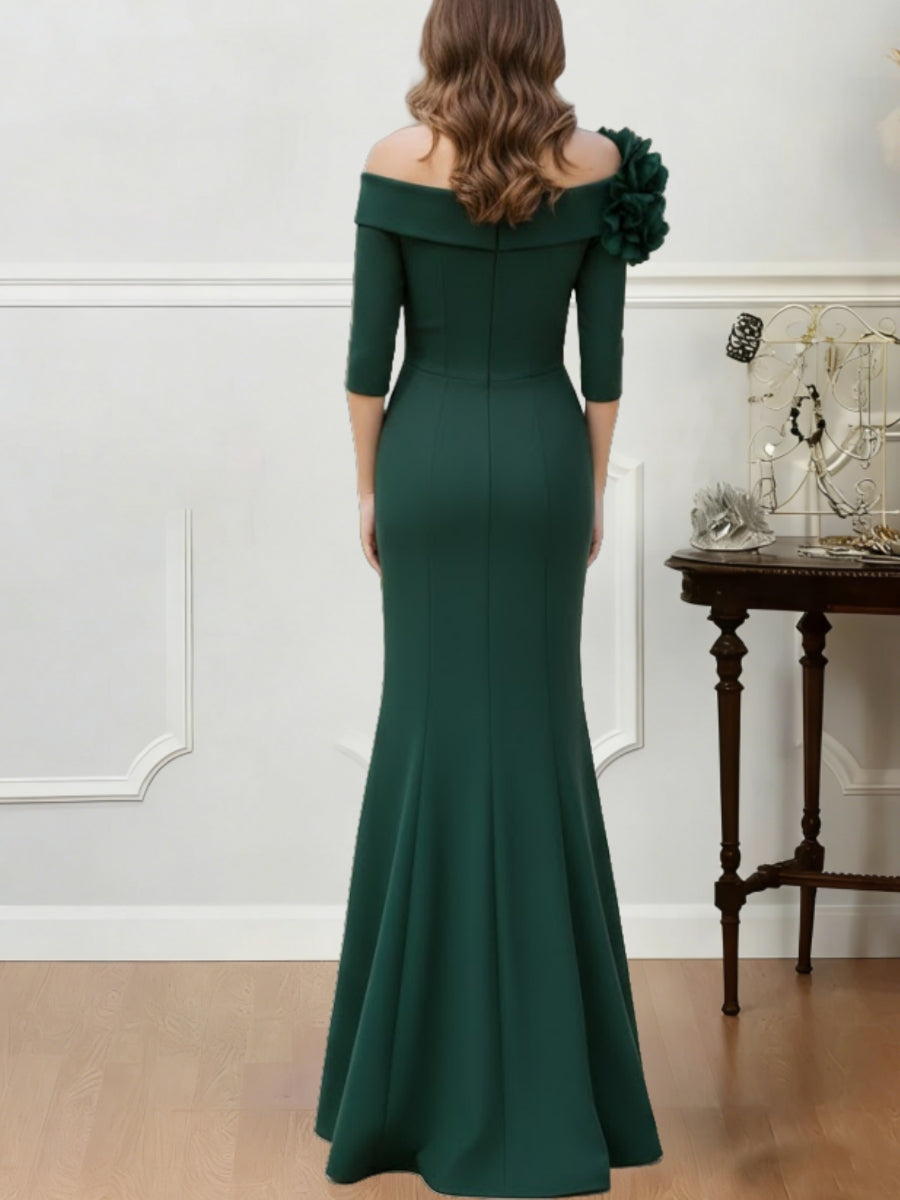 Asymmetrical Neck Stretch Satin Mother of the Bride Dresses Floor-Length Half Sleeves 3D Flower