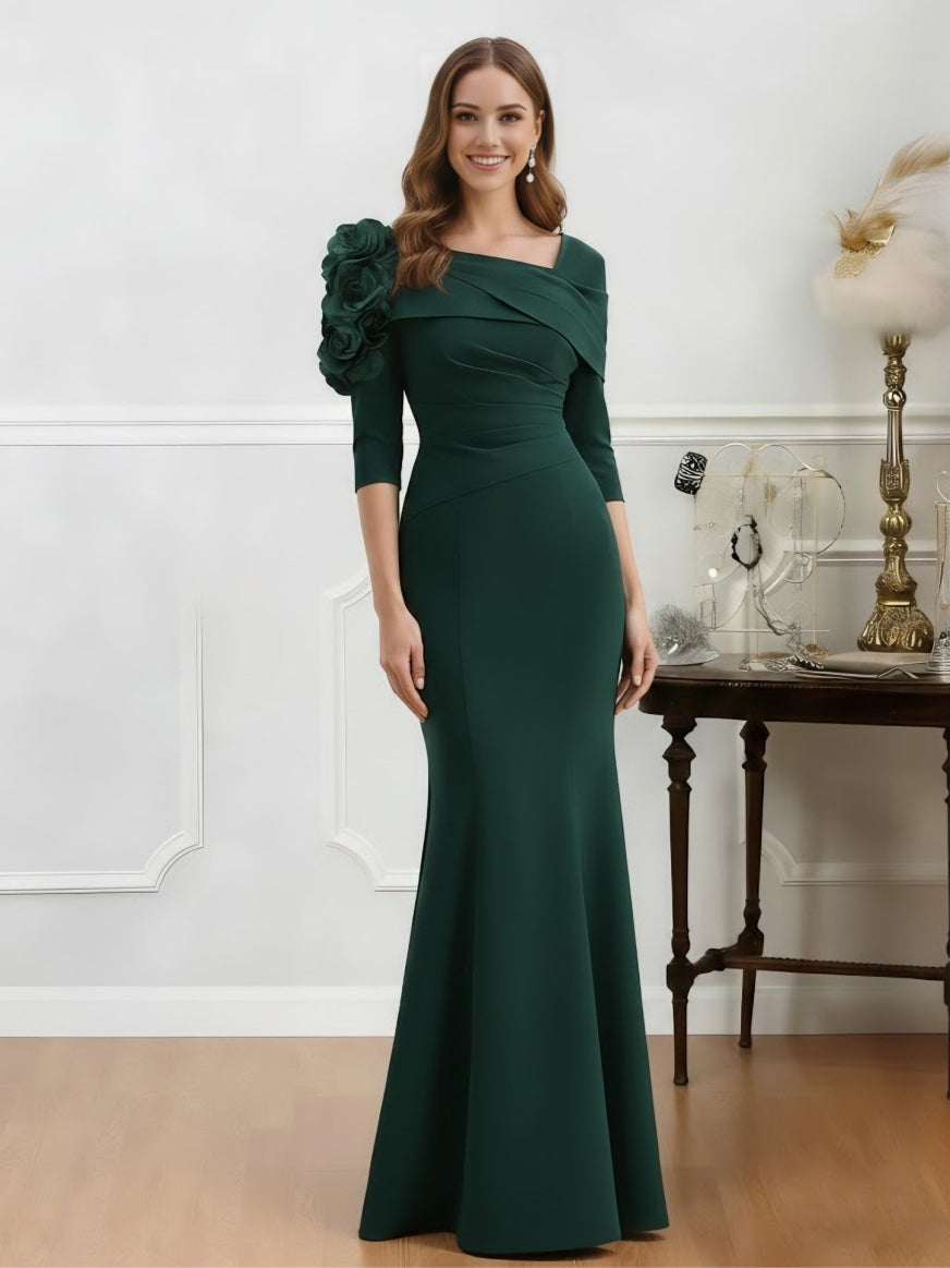 Asymmetrical Neck Stretch Satin Mother of the Bride Dresses Floor-Length Half Sleeves 3D Flower