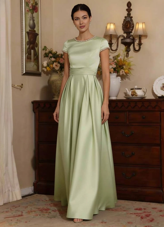 Silk Satin Jewel Neck Mother ofthe Bride Dresses Floor Length Short Sleeves Rhinestone