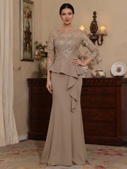 Scoop Chiffon Mother of the Bride Dresses Lace Floor-Length 3/4 Sleeves Ruffles