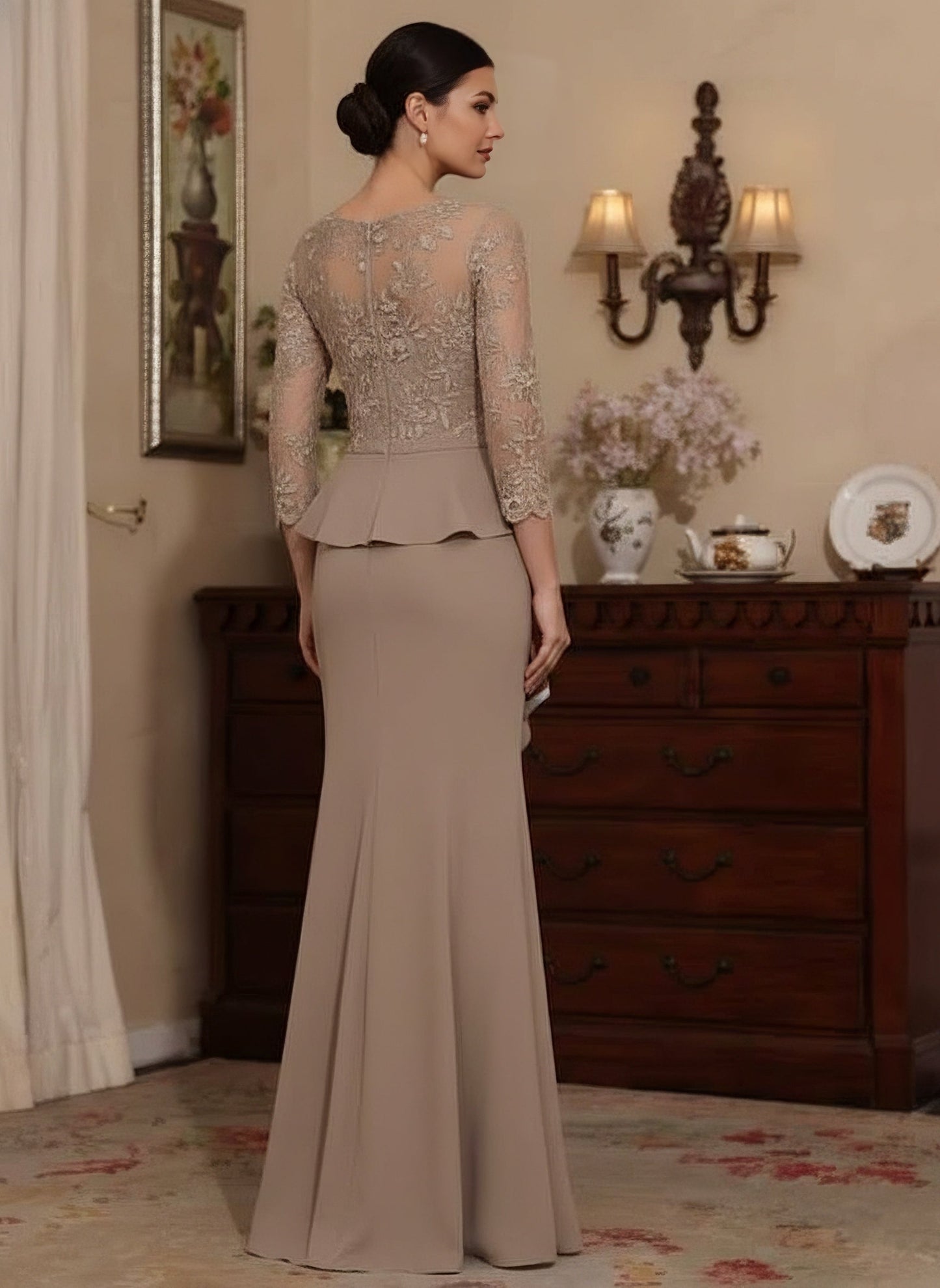 Scoop Chiffon Mother of the Bride Dresses Lace Floor-Length 3/4 Sleeves Ruffles