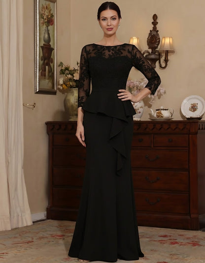 Scoop Chiffon Mother of the Bride Dresses Lace Floor-Length 3/4 Sleeves Ruffles