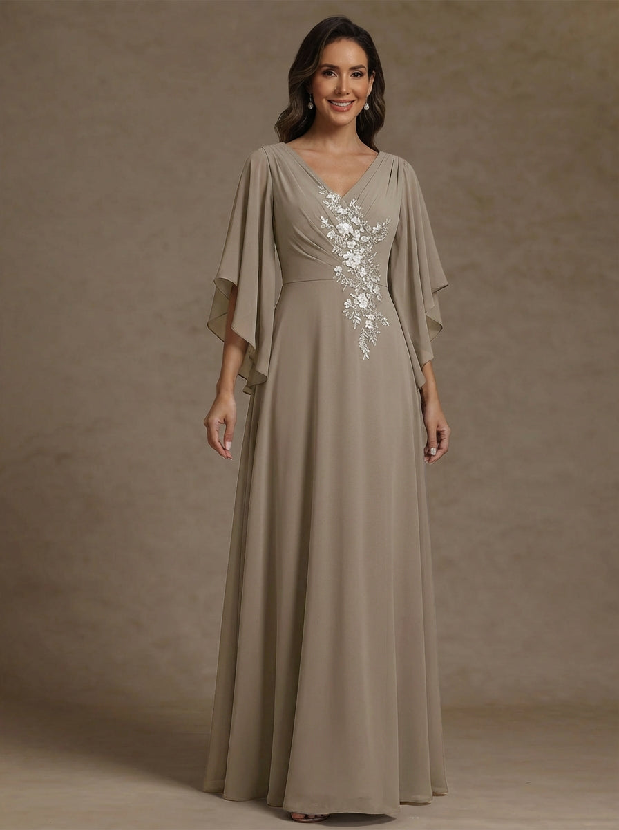 V-Neck Chiffon Mother of the Bride Dresses Floor-Length Half Sleeves Lace Appliques
