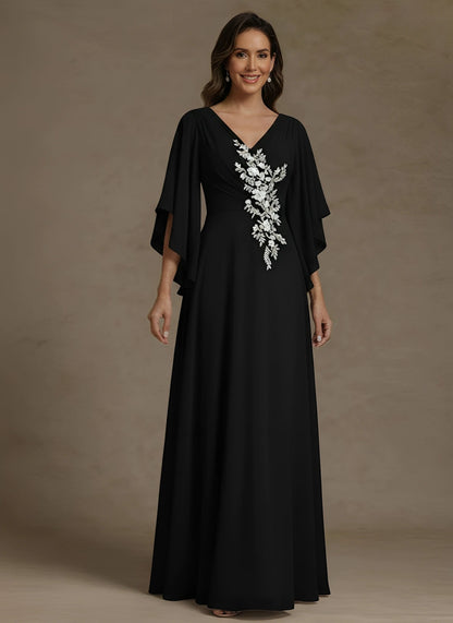 V-Neck Chiffon Mother of the Bride Dresses Floor-Length Half Sleeves Lace Appliques