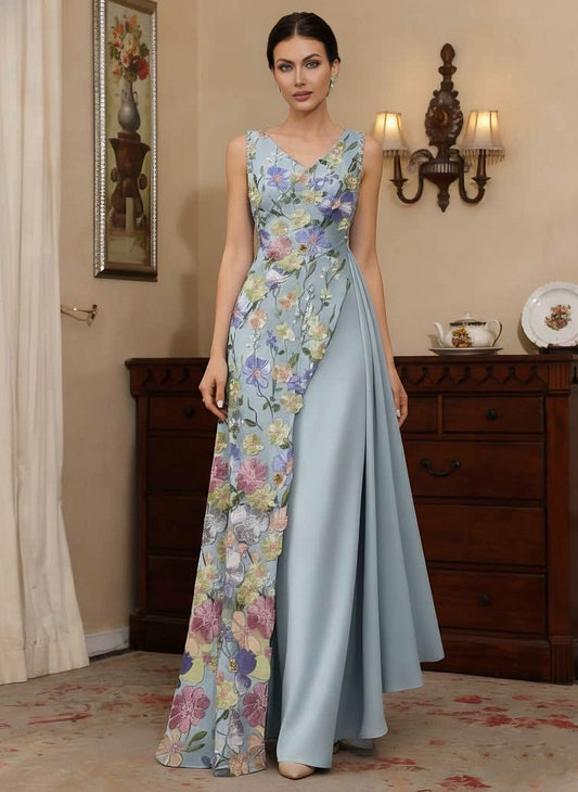 V-Neck Stretch Satin Mother of the Bride Dresses Floral Lace Floor-Length Sleeveless Ruffles