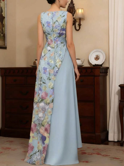 V-Neck Stretch Satin Mother of the Bride Dresses Floral Lace Floor-Length Sleeveless Ruffles