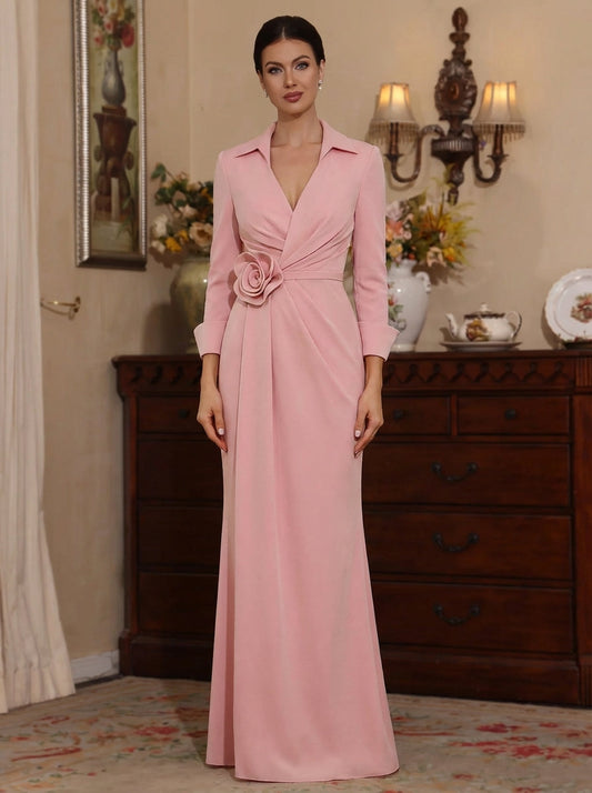 V-Neck Stretch Satin Mother of the Bride Dresses with 3D Flower Floor-Length 3/4 Sleeves