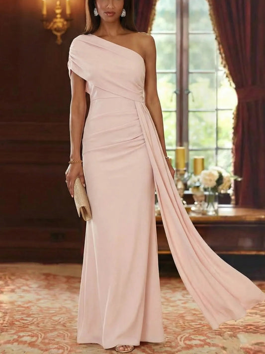 One-Shoulder Chiffon Mother of the Bride Dresses with Watteau Train Floor-Length Sleeveless