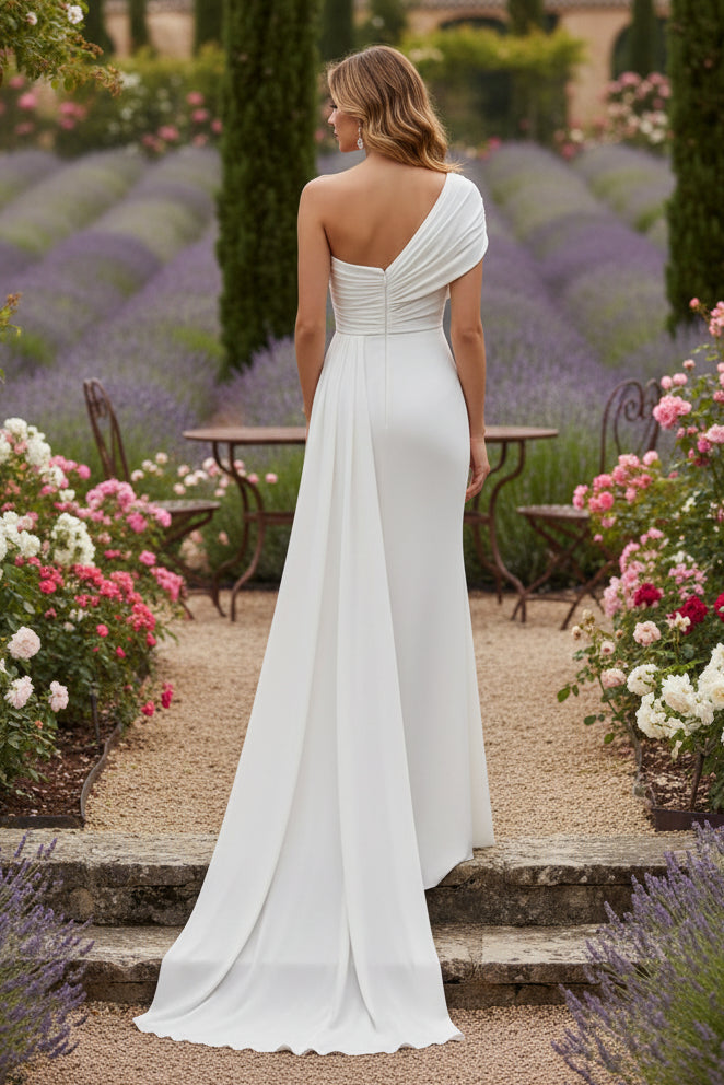 One-Shoulder Chiffon Mother of the Bride Dresses with Watteau Train Floor-Length Sleeveless