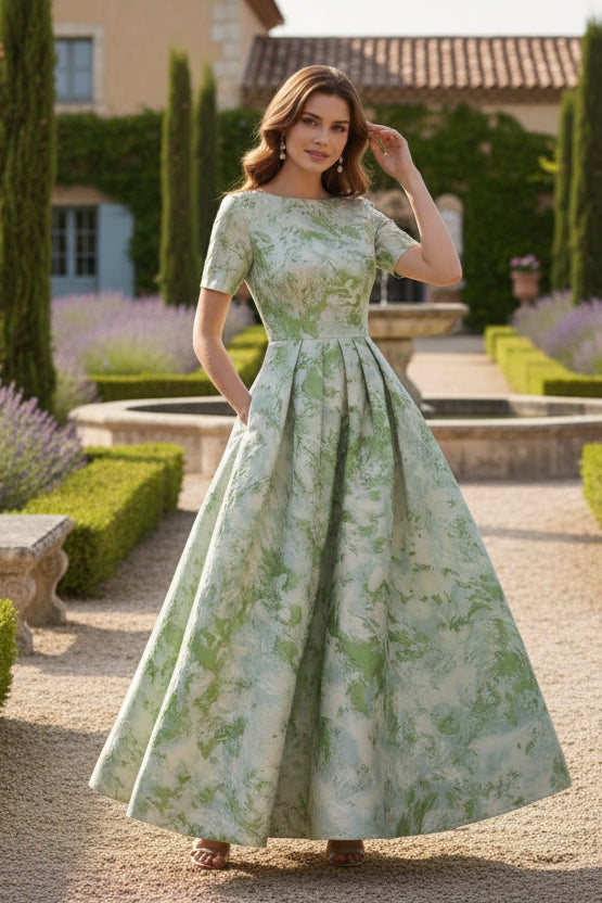 Scoop Jacquard Mother of the Bride Dresses Ankle-Length Short Sleeves Pleats