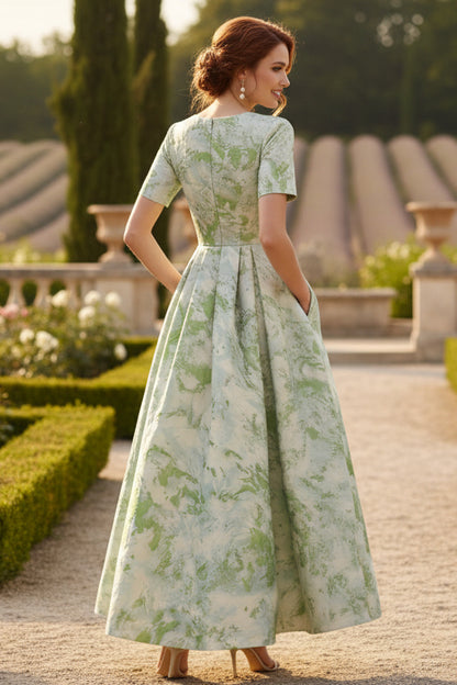 Scoop Jacquard Mother of the Bride Dresses Ankle-Length Short Sleeves Pleats