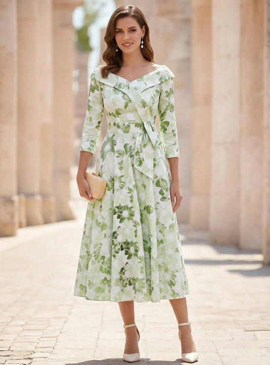 Off-the-Shoulder Printed Satin Mother of the Bride Dresses 3/4 Sleeves Floral Tea-Length