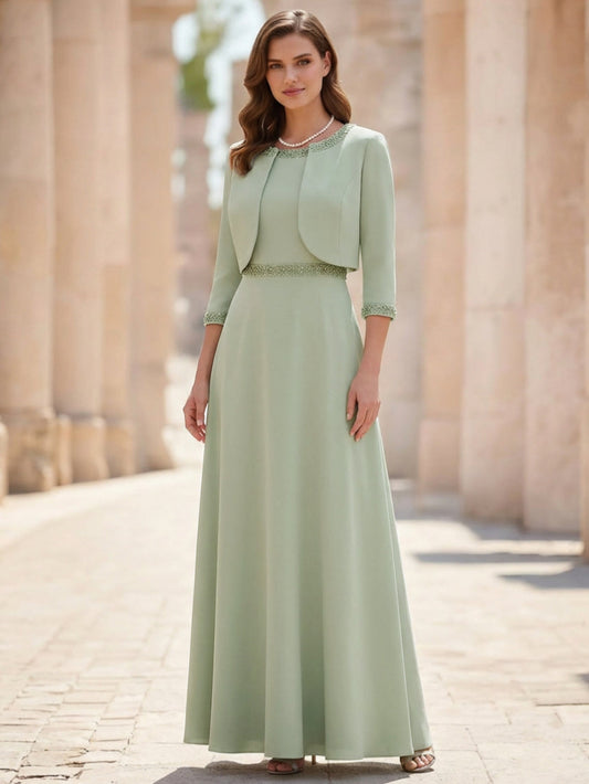 Scoop Satin 2 Pieces Mother of the Bride Dresses with Jacket Ankle-Length 3/4 Sleeves Beading