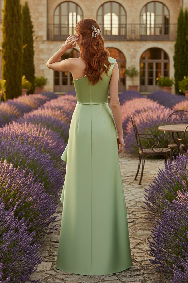 One-Shoulder Satin Mother of the Bride Dresses Sleeveless Floor-Length Ruffles