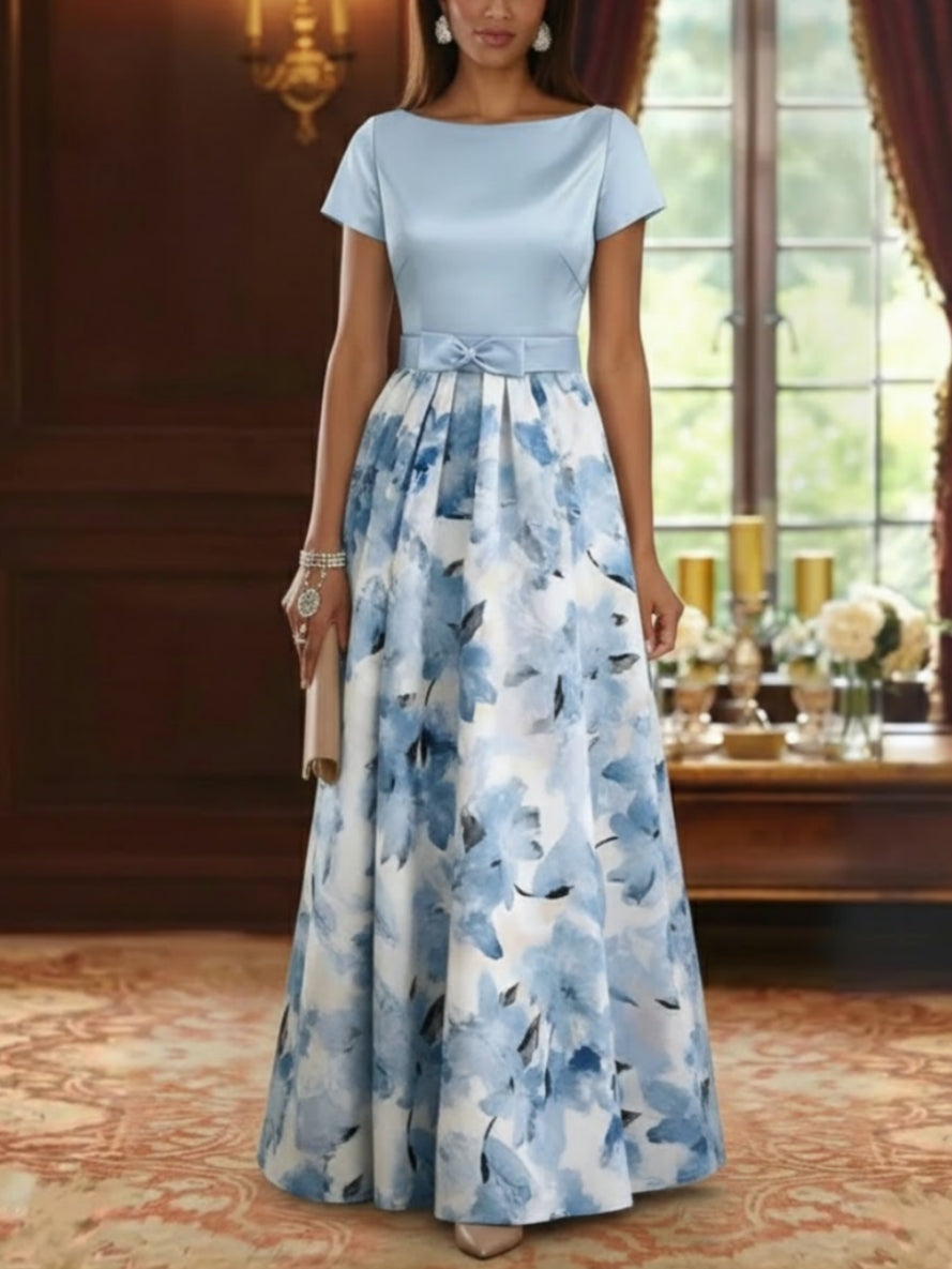 Boat Neck Satin Mother of the Bride Dresses Floral Floor-Length Short Sleeves Bowknot