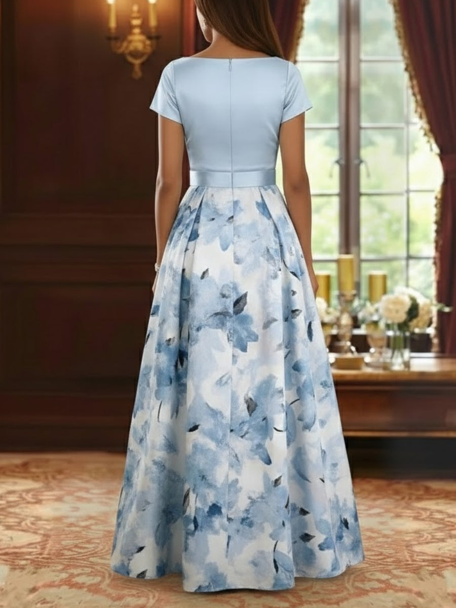 Boat Neck Satin Mother of the Bride Dresses Floral Floor-Length Short Sleeves Bowknot