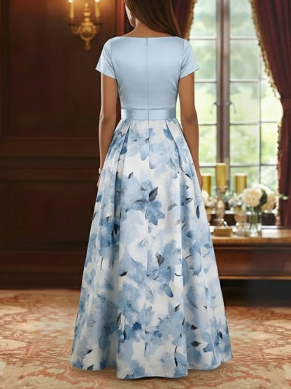 Boat Neck Satin Mother of the Bride Dresses Floral Floor-Length Short Sleeves Bowknot